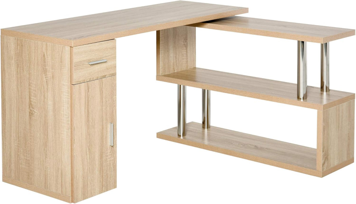 White L-Shaped Rotating Computer Desk with Storage Shelves, Cabinet and Drawer H18781