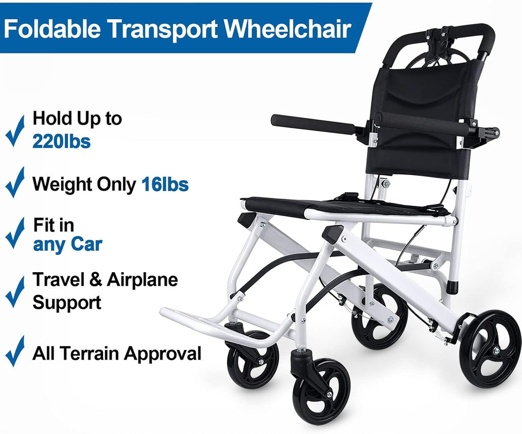 Ultra Light Folding Transport Wheelchair, 16lbs, Aluminum, Handbrakes, Support 220 Lbs G456
