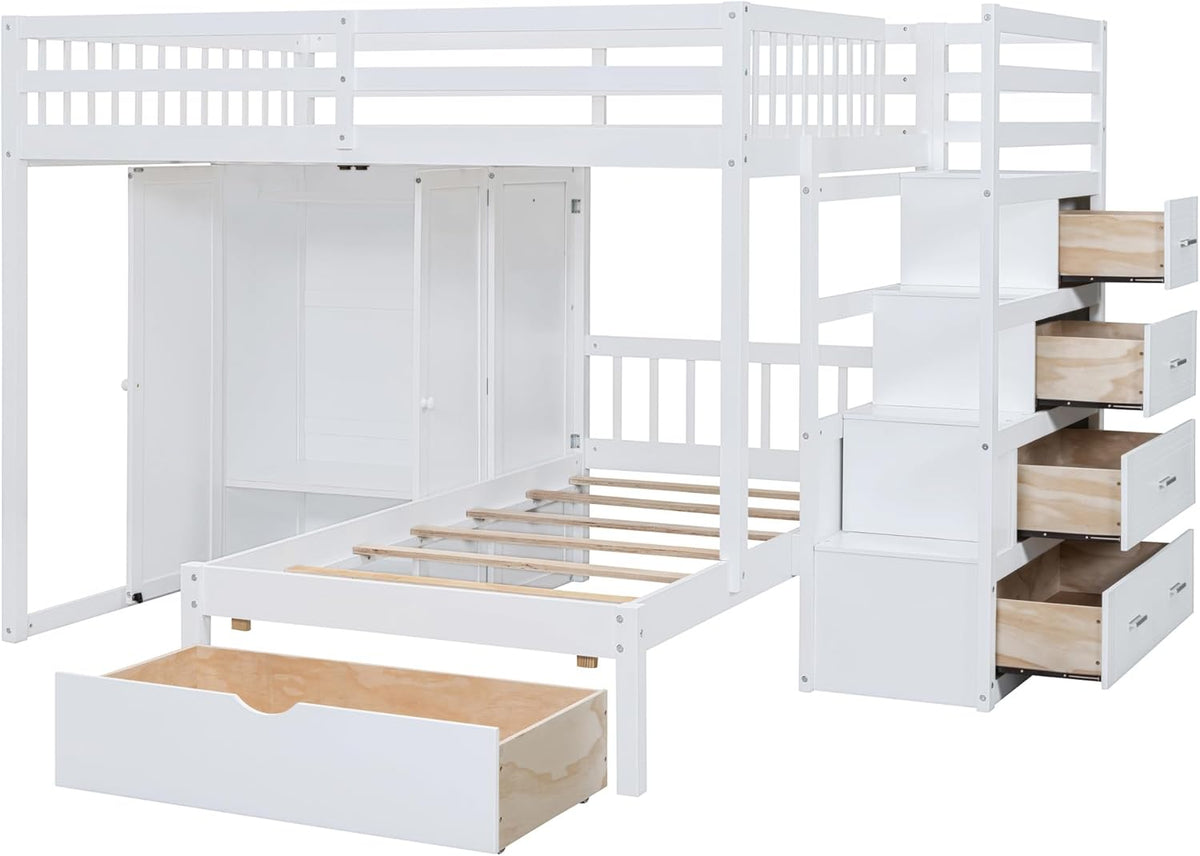 White Wood Bunk Bed with Wardrobe, Staircase and Drawers G8872