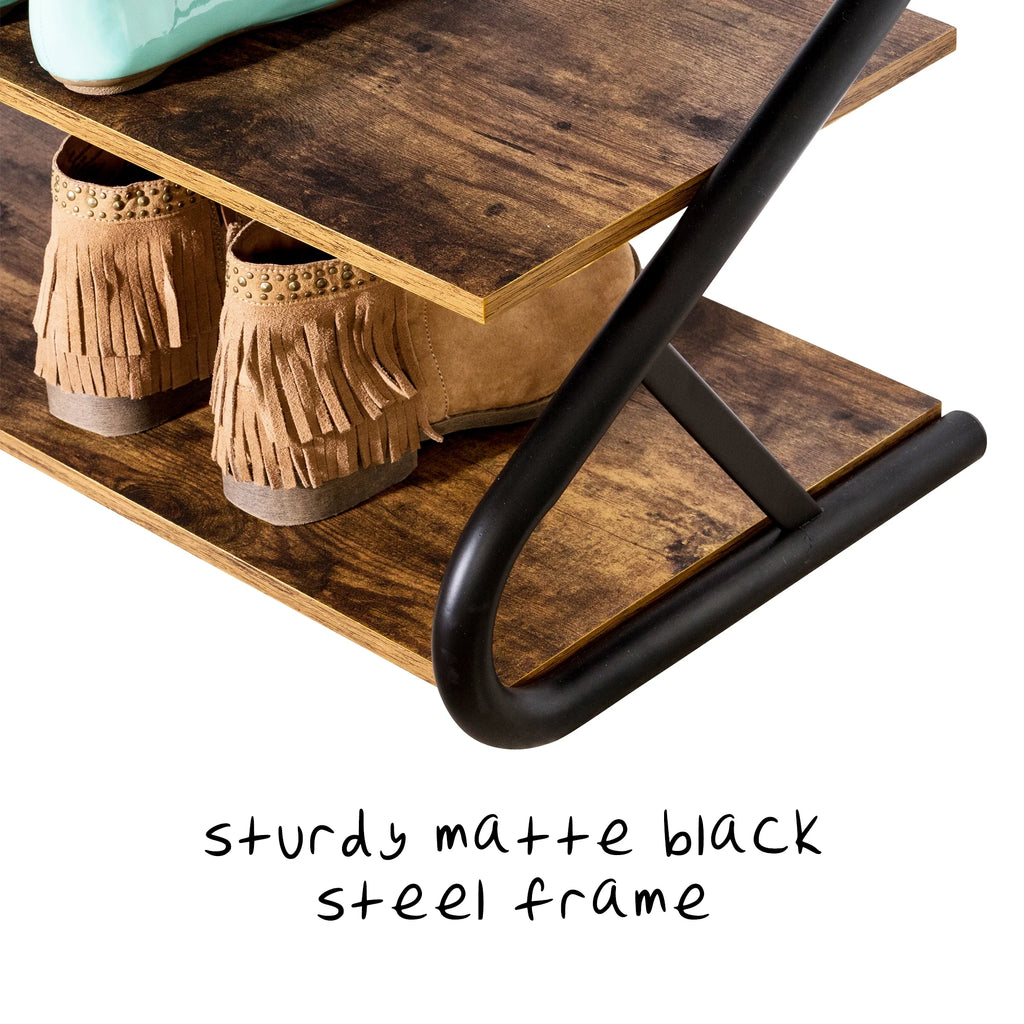 3-Shelf Wooden Shoe Rack with Matte Black Metal B49113