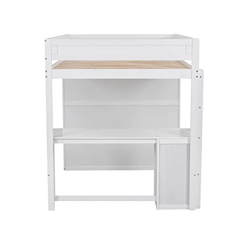 White Wood Full Size Loft Bed with Wardrobes Desk and Storage X6614