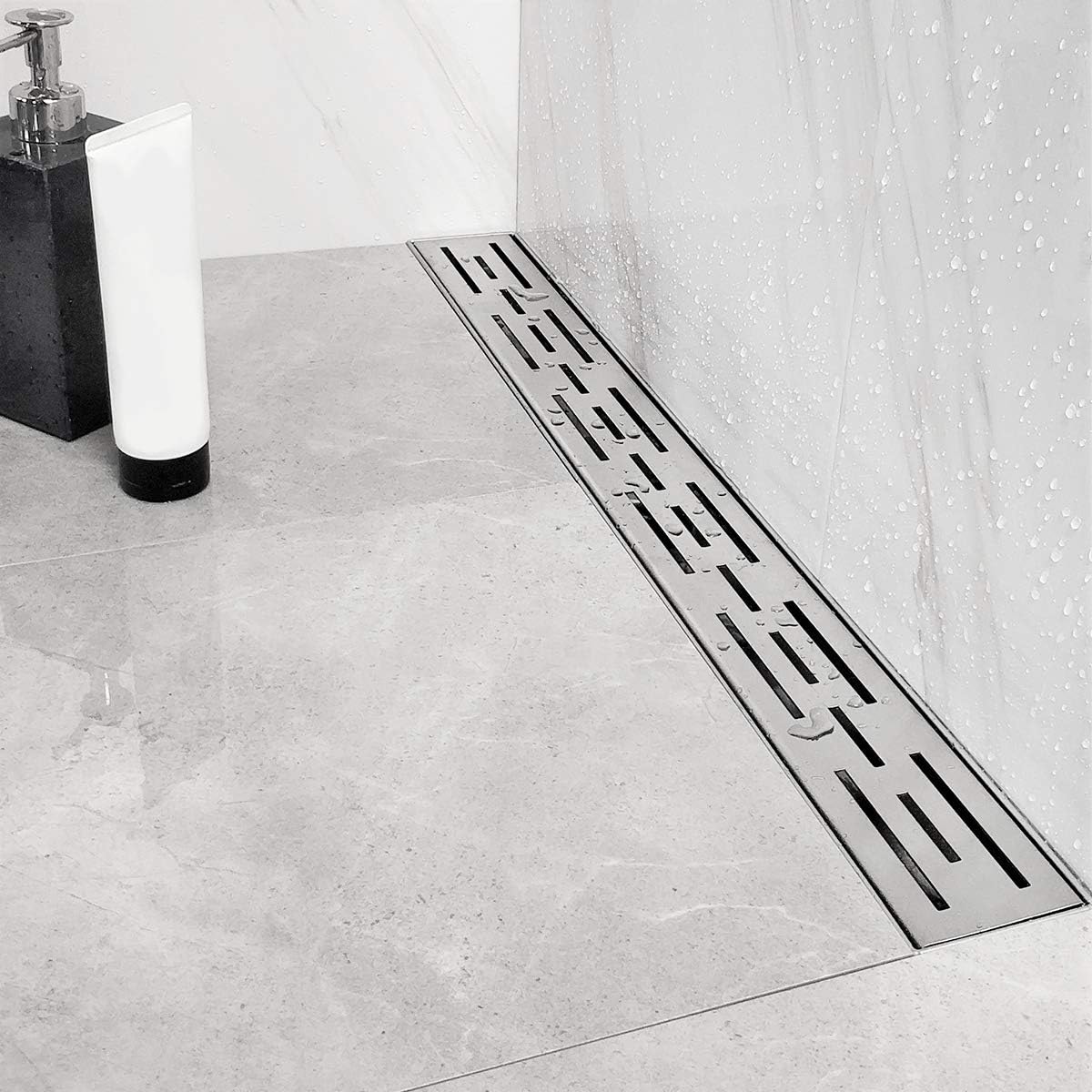 24 in Rectangular Linear Shower Drain with Brickwork Pattern Grate, Brushed 304 Stainless Steel, Black Pack of 2 H48825