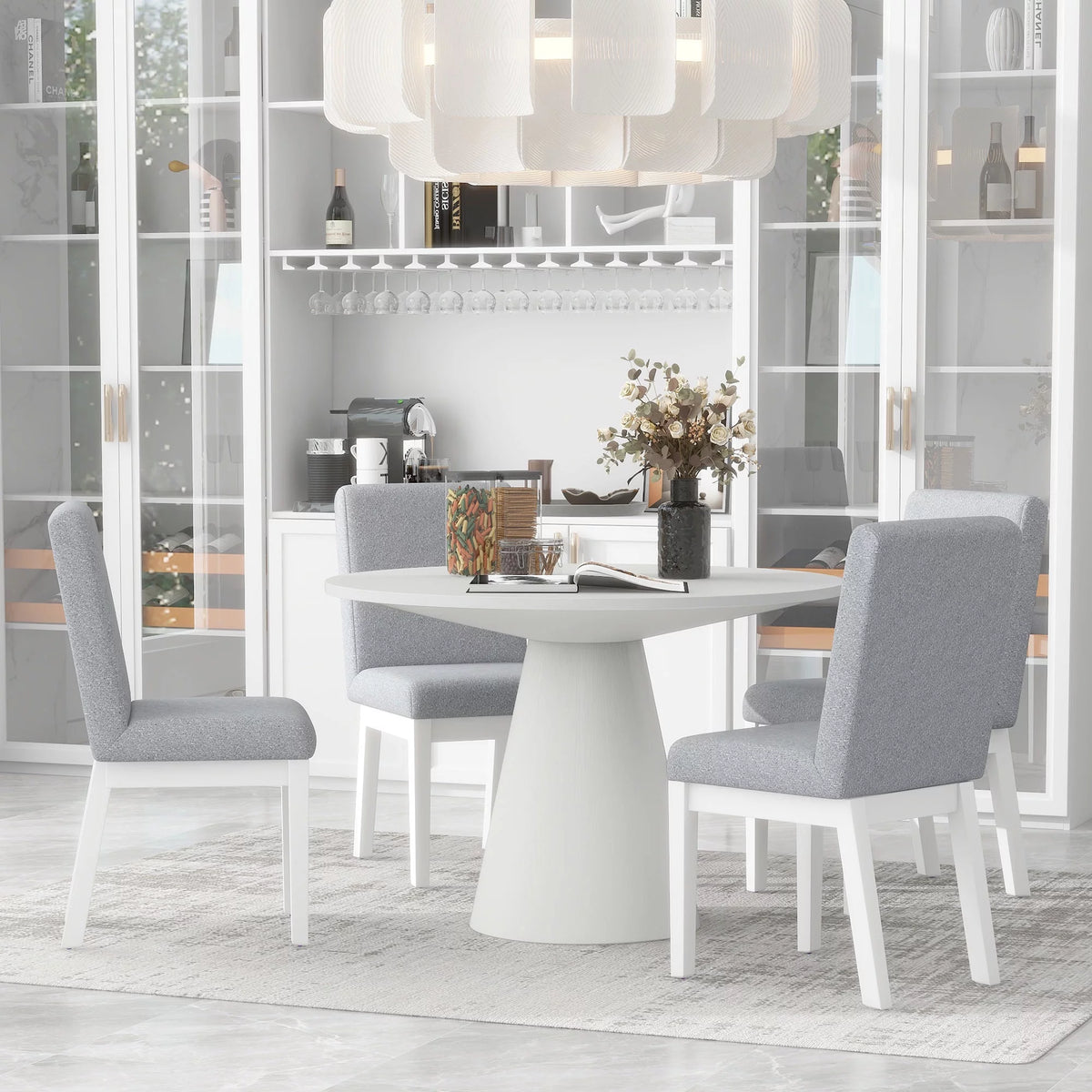 White 5 Piece Round Wood Dining Table Set with 4 Upholstered Chairs J80101