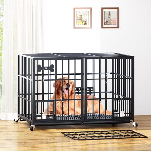 42/48 inch Heavy Duty Metal Dog Crate with Wheels B748485