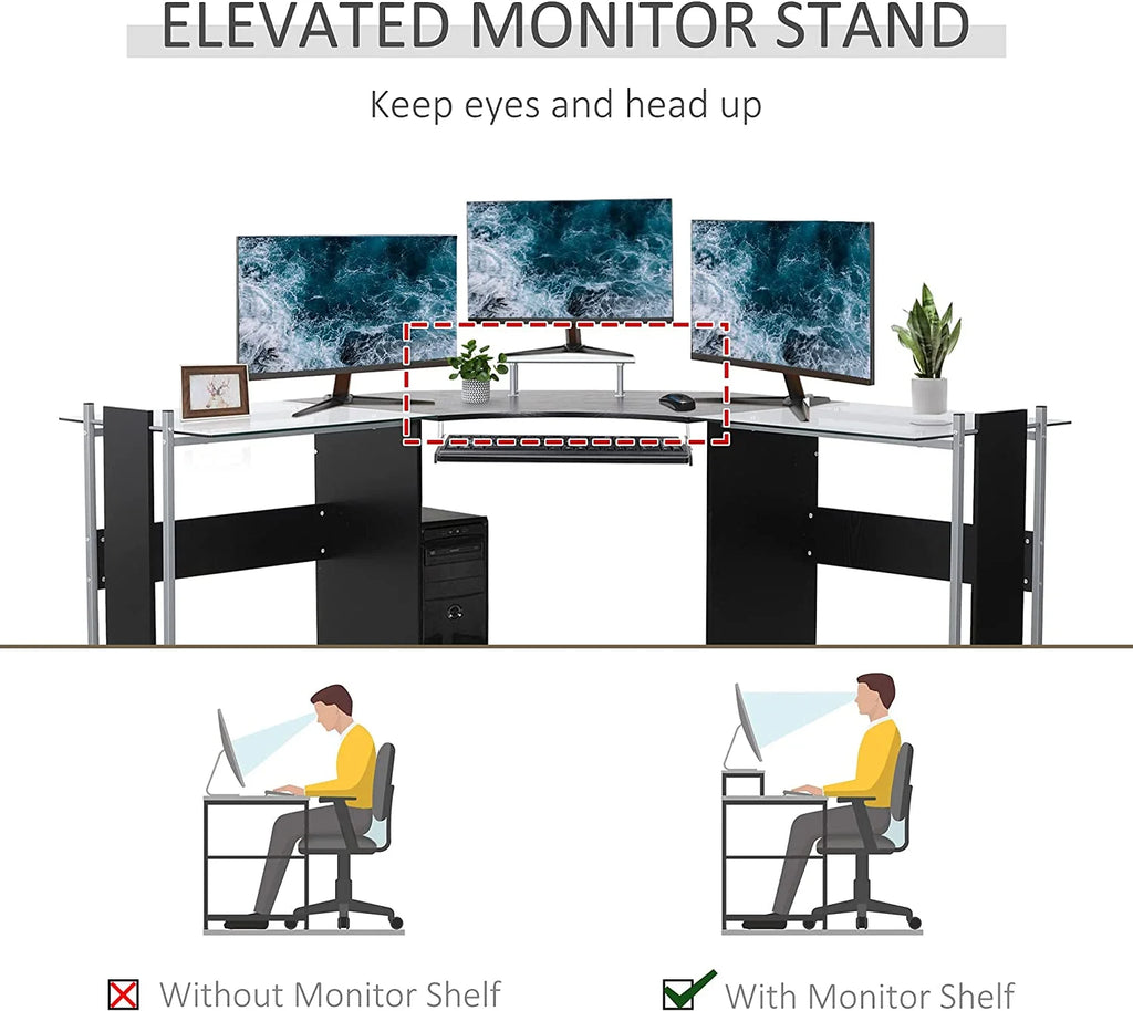 69" L-Shaped Tempered Glass Computer Desk with Monitor Stand U21241
