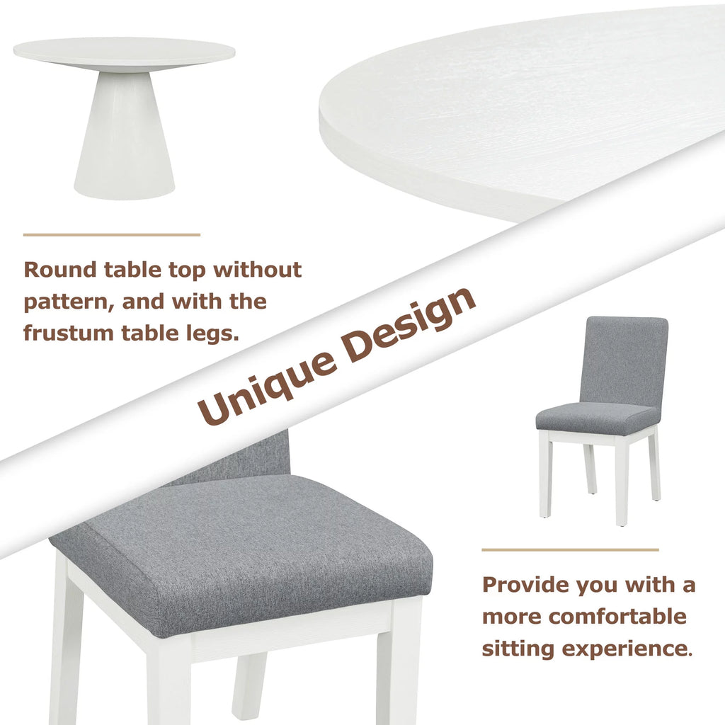 White 5 Piece Round Wood Dining Table Set with 4 Upholstered Chairs J80101