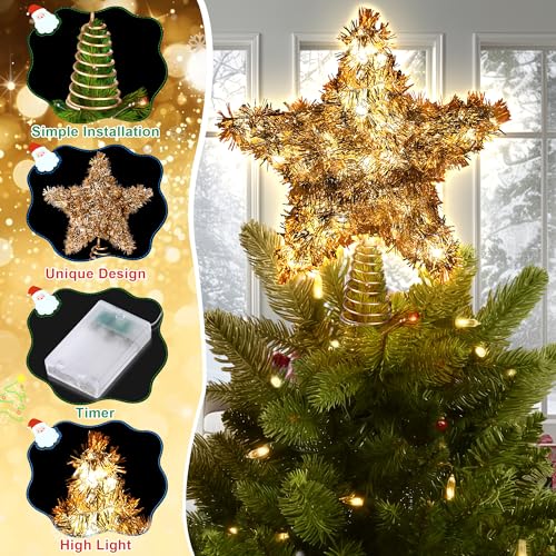 Rattan Christmas Tree Star Topper with 10 Warm LED Lights 10 Inch O6462