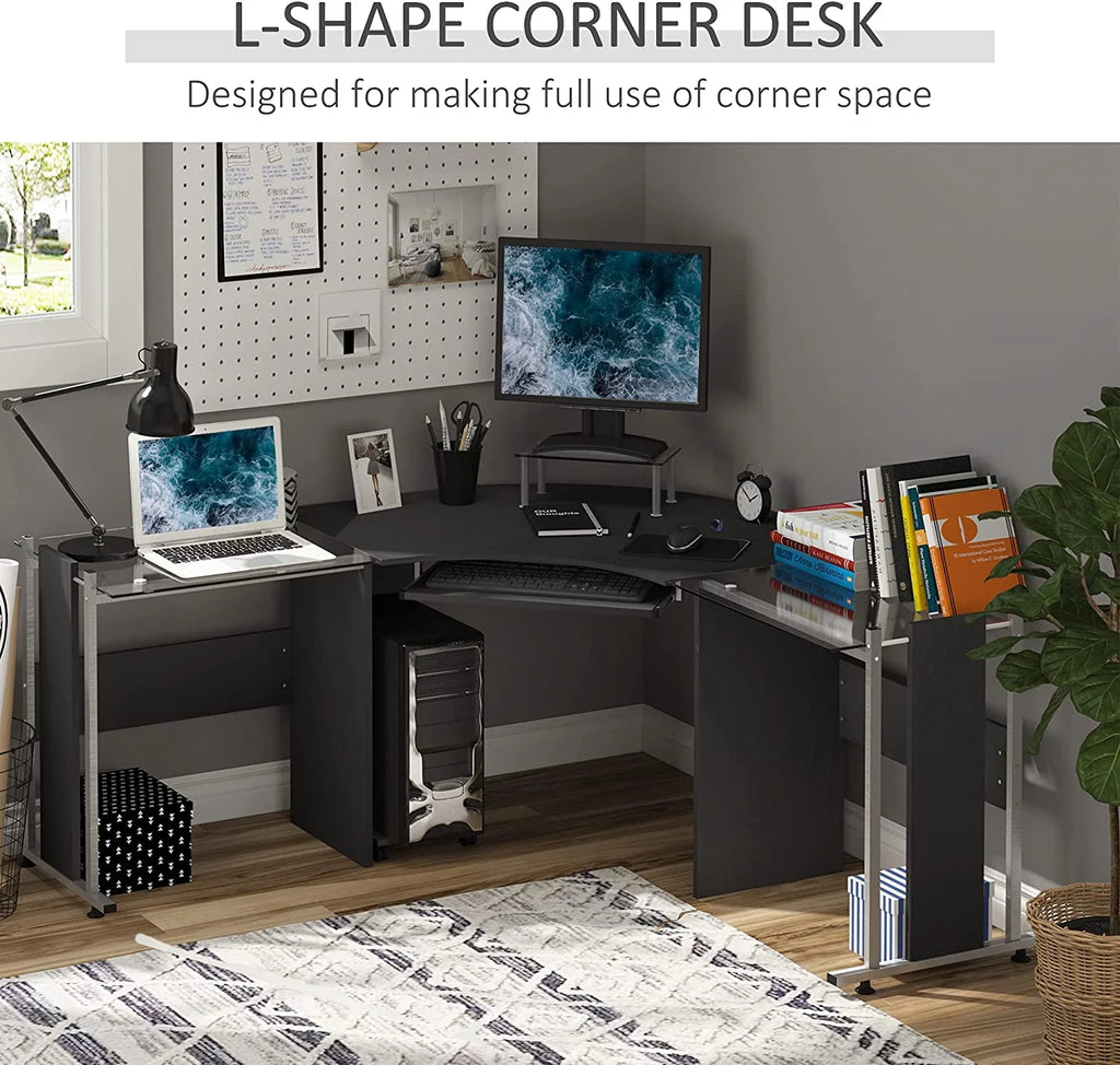 69" L-Shaped Tempered Glass Computer Desk with Monitor Stand U21241