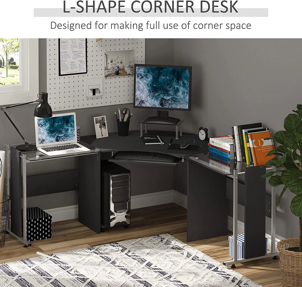 69" L-Shaped Tempered Glass Computer Desk with Monitor Stand U21241