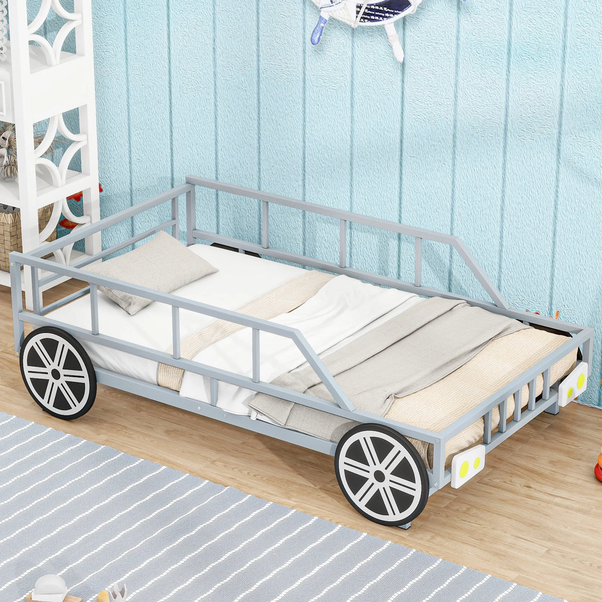 Metal Twin Size Car-Shaped Platform Bed with Tires O309103