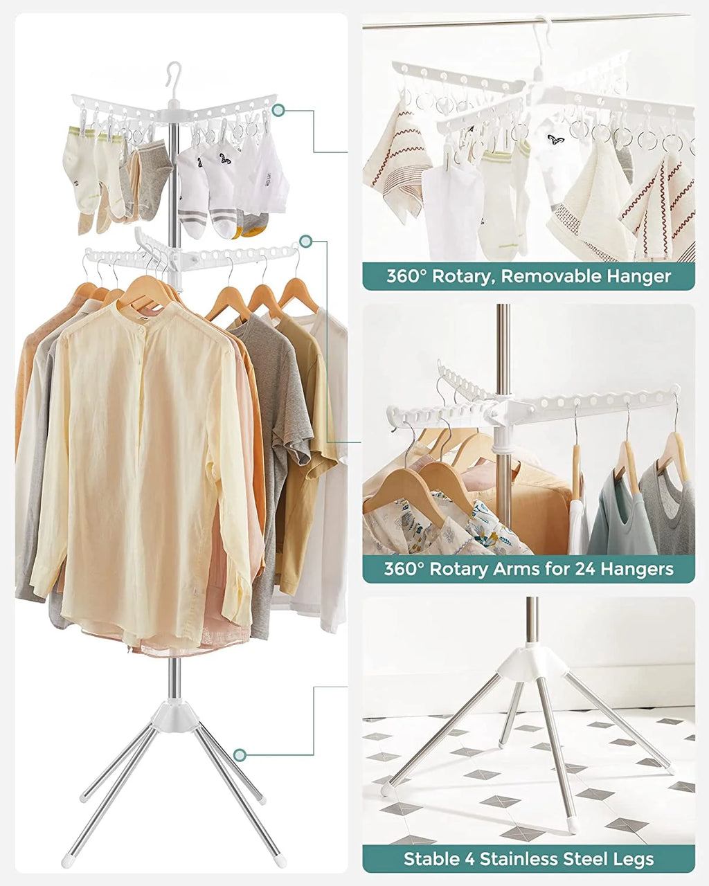 2-Tier Foldable Laundry Drying Rack with 27 Clips Stainless Steel X7634