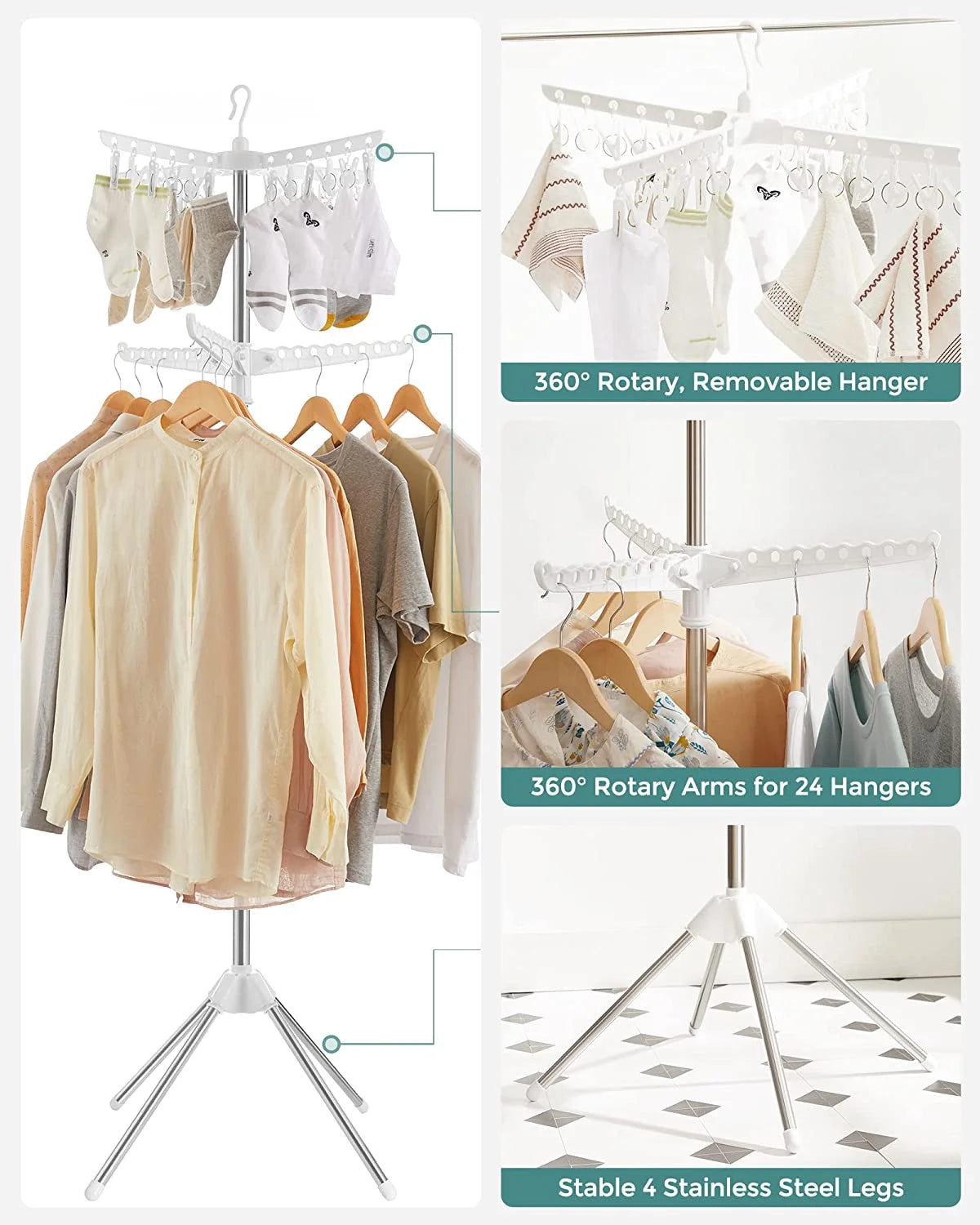 2-Tier Foldable Laundry Drying Rack with 27 Clips Stainless Steel X7634