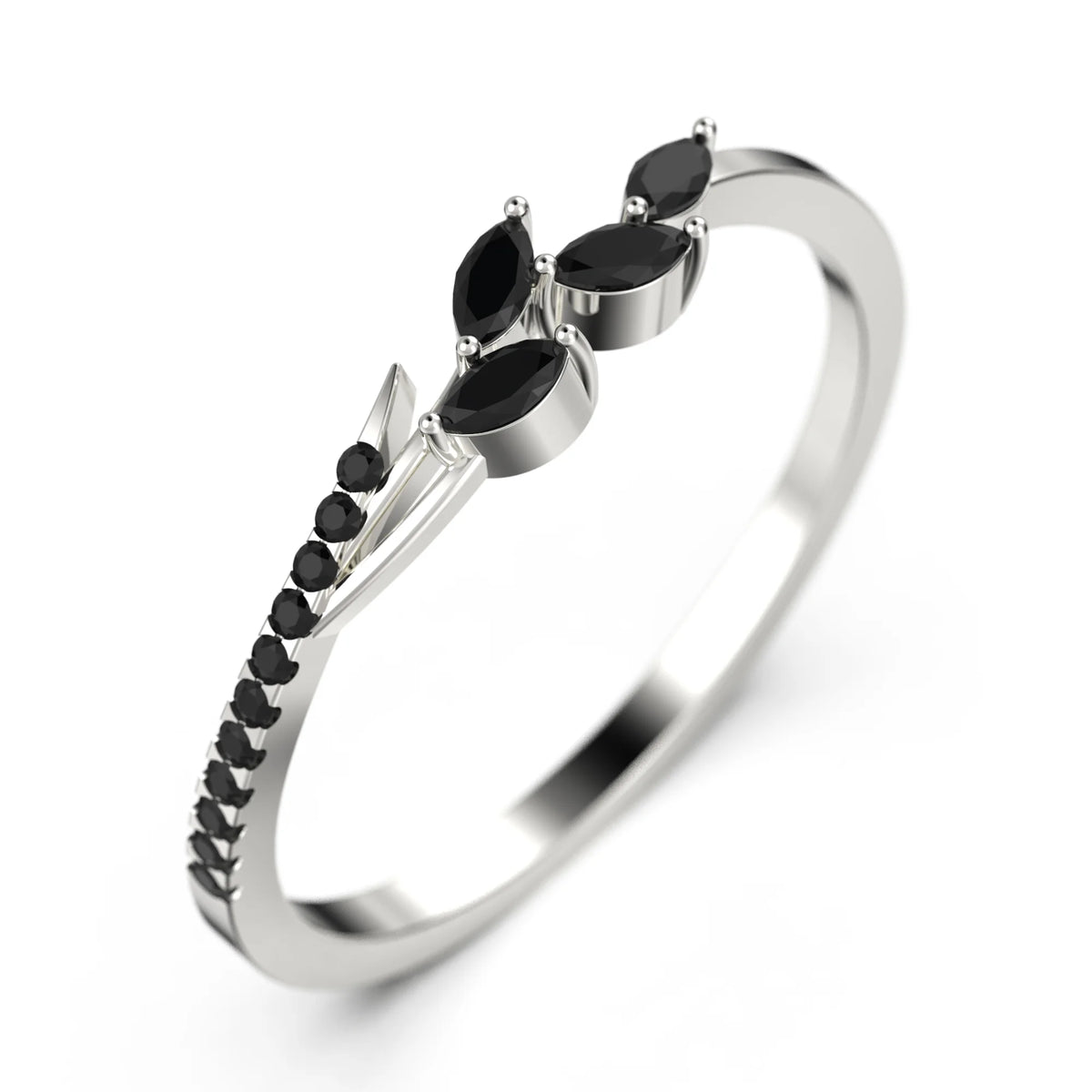 18K White Gold Over Silver Marquise Cut Black Diamond Moissanite Wedding Band C1228