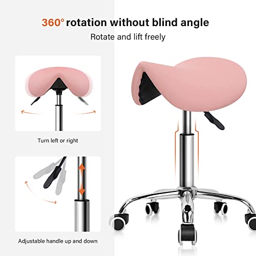 PU Leather Adjustable Rolling Saddle Stool with Wheels Black P472