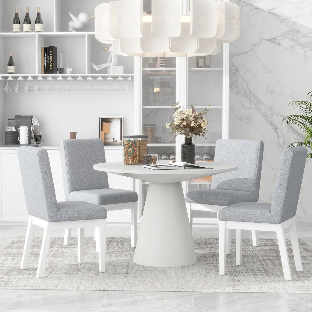 White 5 Piece Round Wood Dining Table Set with 4 Upholstered Chairs J80101