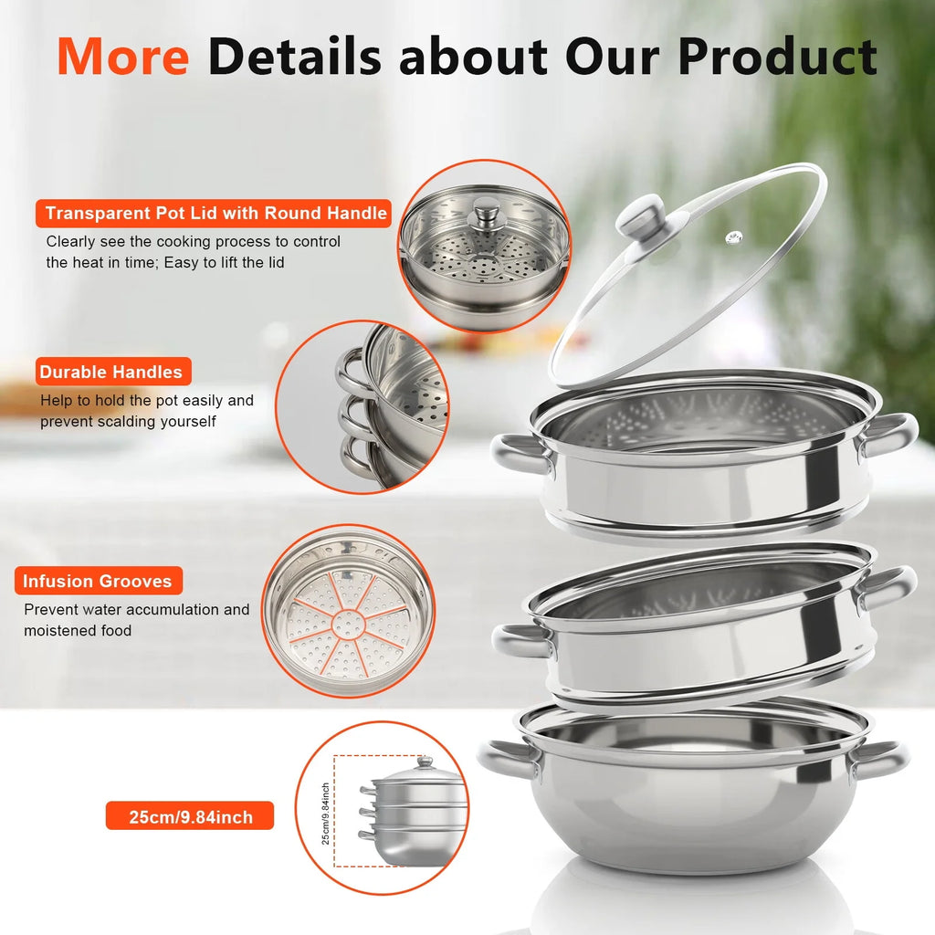 3 Tiers Stainless Steel Steaming Pot with Glass Lid Q496755
