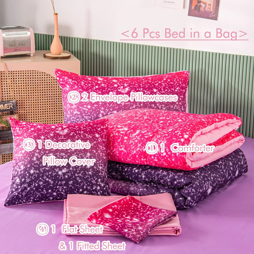 6Pcs Twin Gradient Pink Purple Glitter Comforter Sets O945