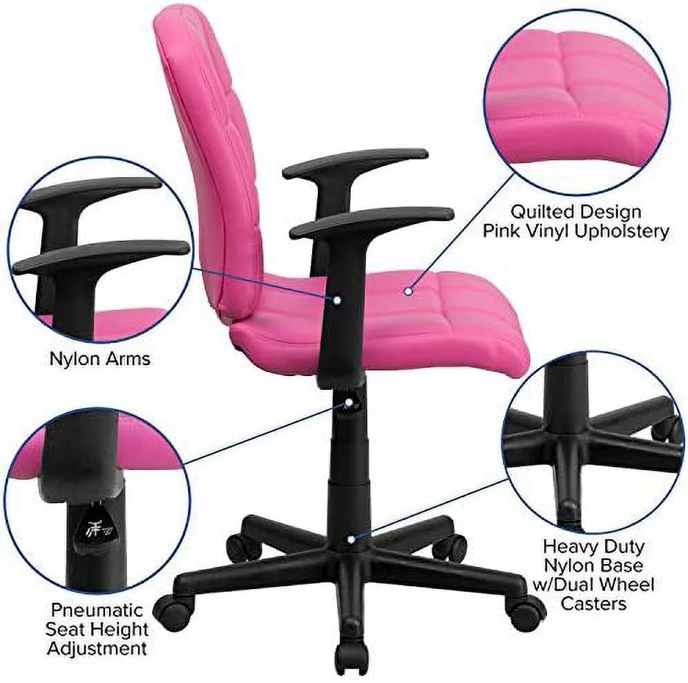 Pink Quilted Vinyl Swivel Office Chair with Arms T345