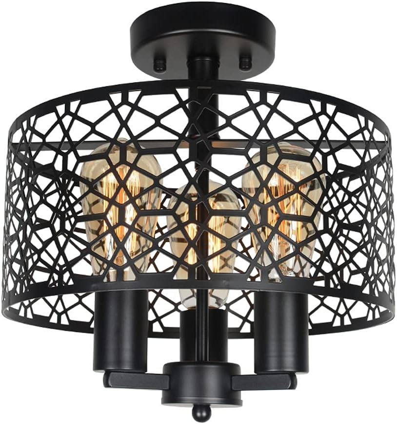 Black Metal and Wood Semi Flush Mount Ceiling Light 4 Light P339