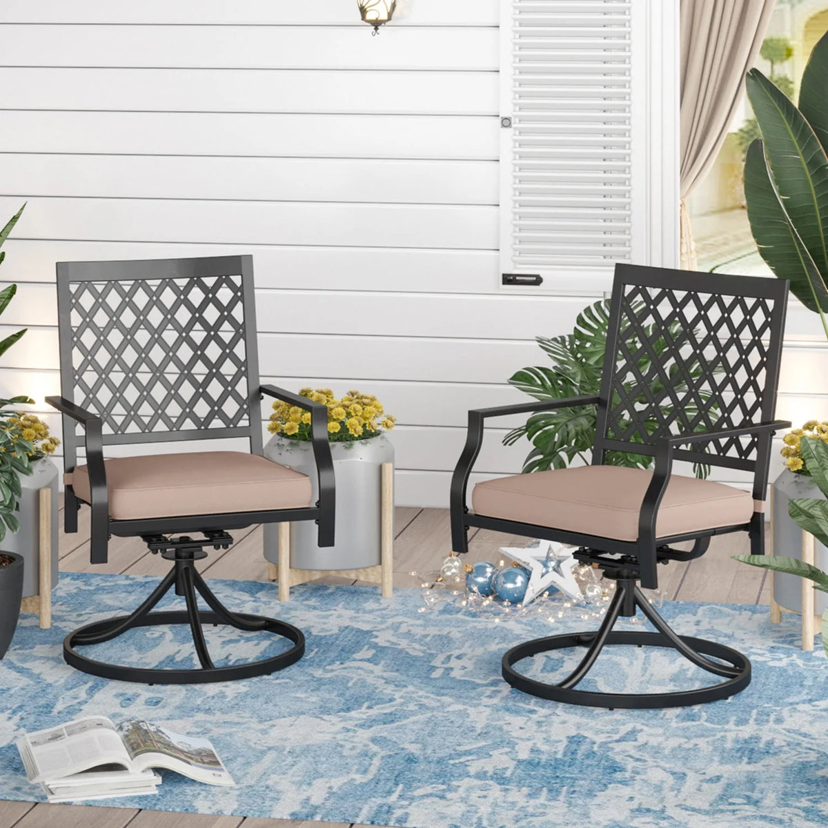 Set of 2 Metal Swivel Outdoor Dining Chairs with Beige Cushions Z660937
