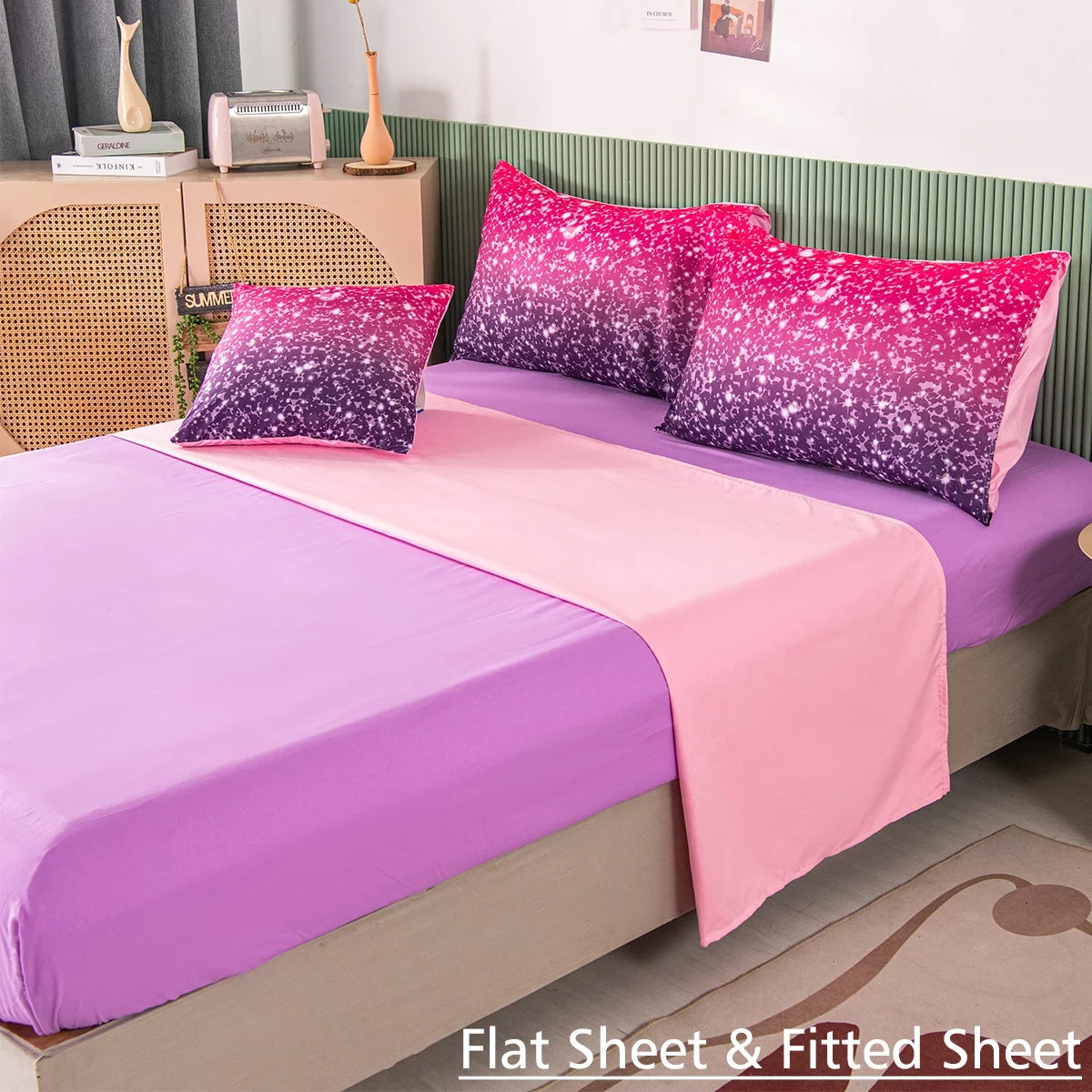 6Pcs Twin Gradient Pink Purple Glitter Comforter Sets O945