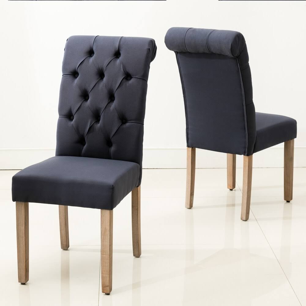 Brown Linen/Wooden Roll-Top Tufted Dining Chair (Set of 2) Y64810