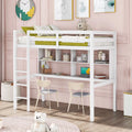 White Twin Size Wood Loft Bed with Desk and Shelves D137563