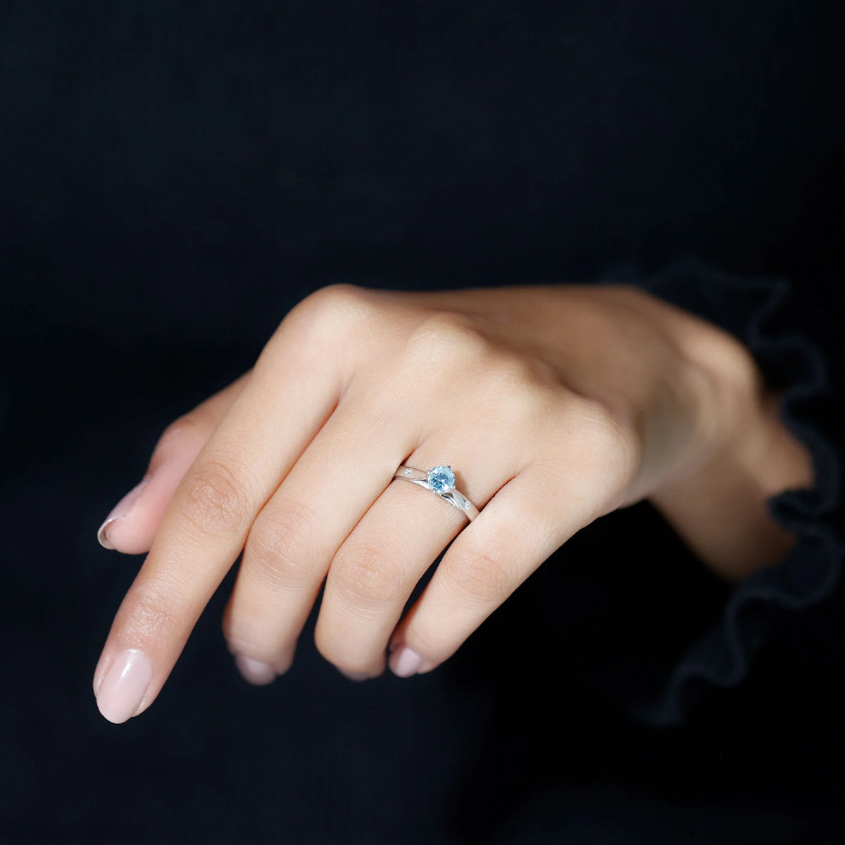 Aquamarine Solitaire Ring with Diamond, 925 Sterling Silver F343083