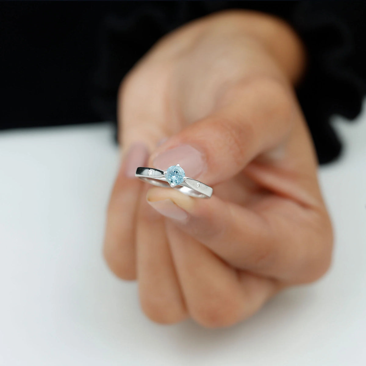 Aquamarine Solitaire Ring with Diamond, 925 Sterling Silver F343083
