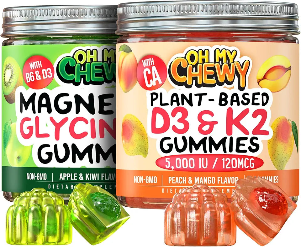 Magnesium + D3K2 Gummies Bundle - 2 Bottles (60 Each) - Apple Kiwi & Peach Mango F817