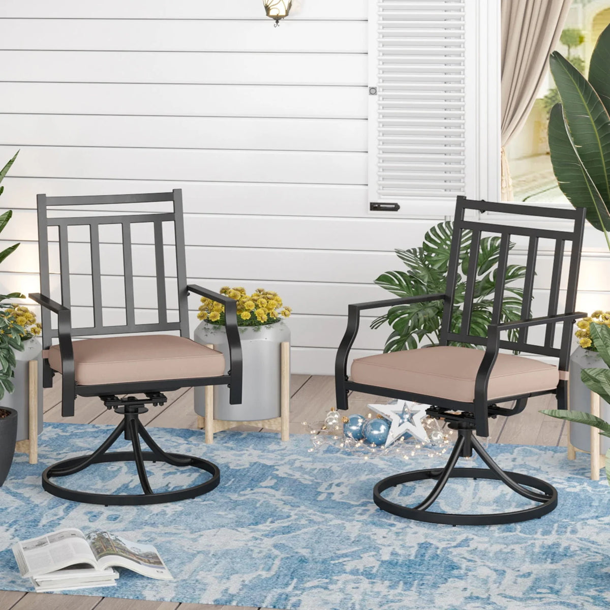 Set of 2 Metal Swivel Outdoor Dining Chairs with Beige Cushions Z660937