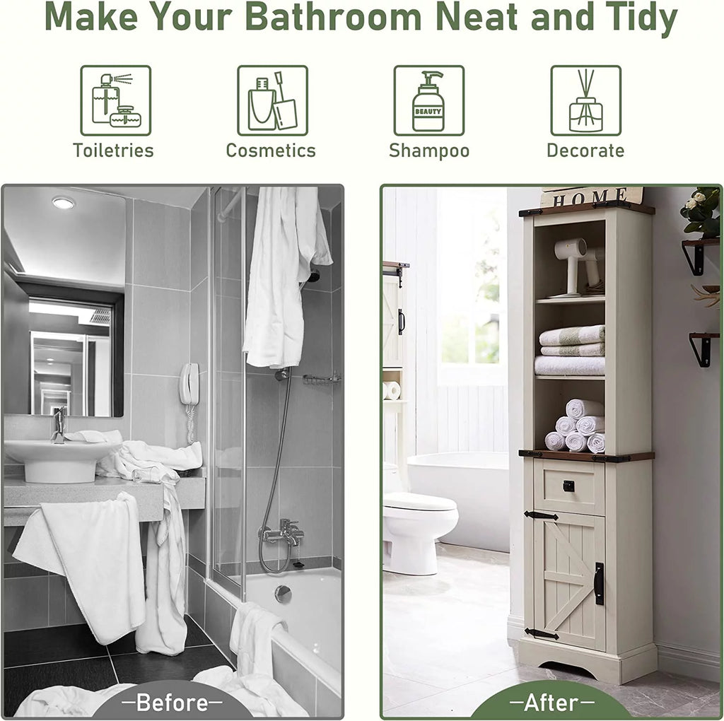 White 68" Farmhouse Bathroom Storage Cabinet with Drawer J23498