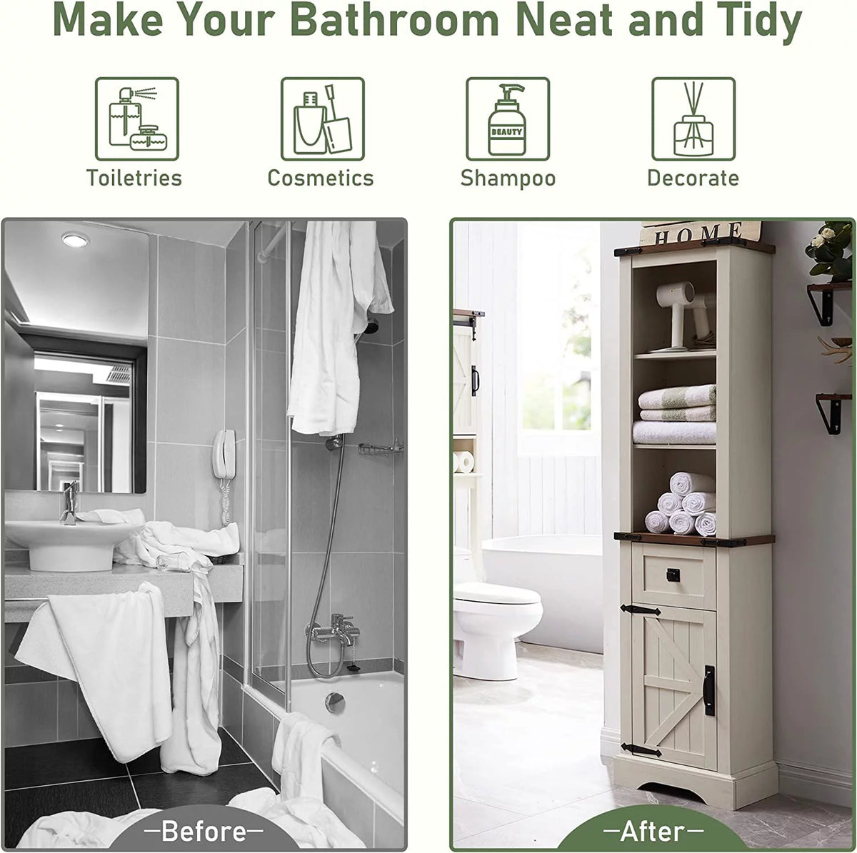 White 68" Farmhouse Bathroom Storage Cabinet with Drawer J23498