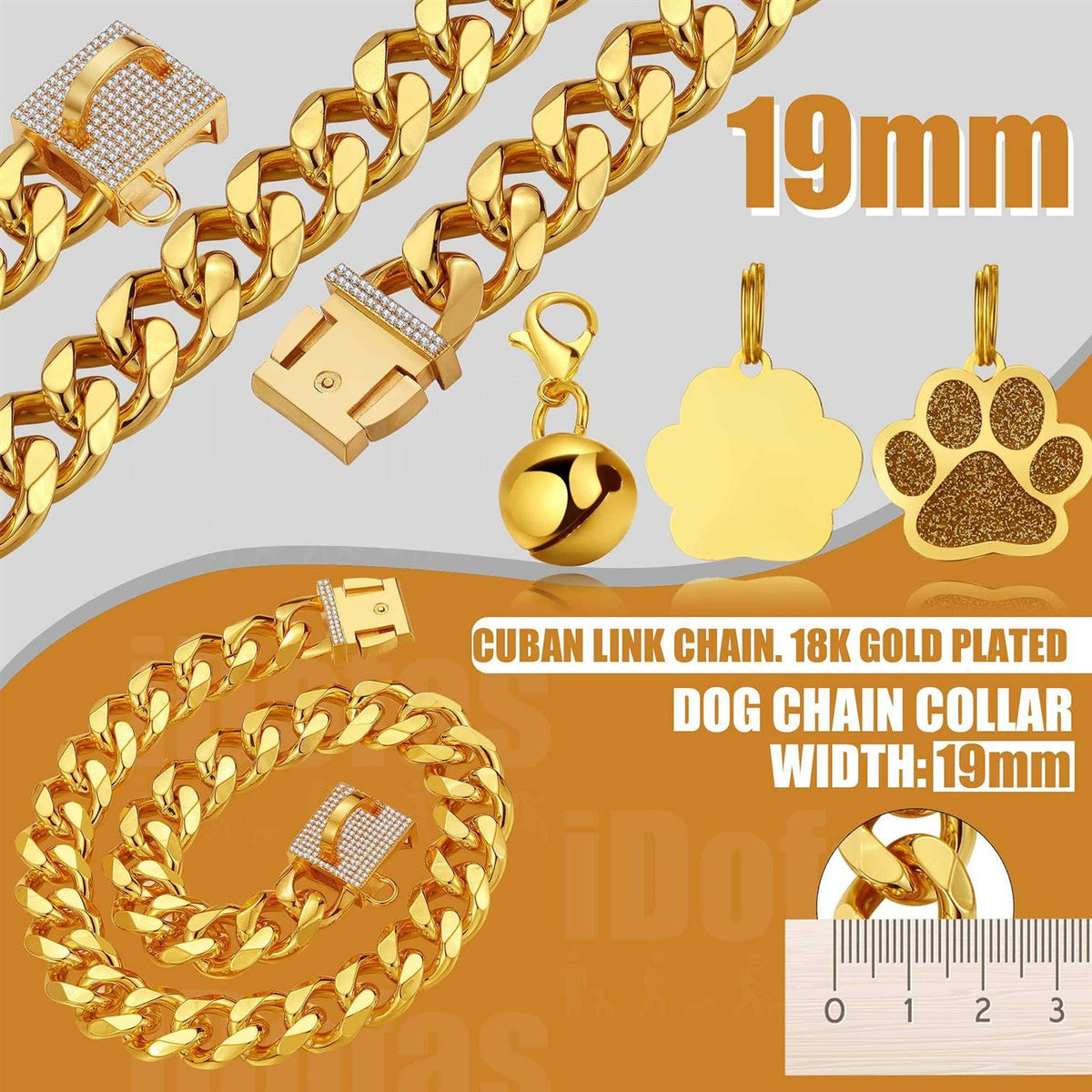 Dog Chain Collar Gold with CZ Buckle 19mm Cuban Link Metal R596120