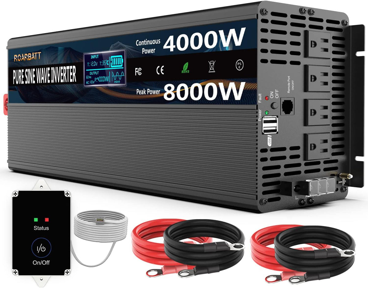 Pure Sine Wave Power Inverter 4000W 12V DC to AC 110V with Remote Control 4 AC Outlets Dual USB Port O101