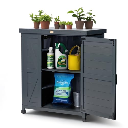 Outdoor Storage Cabinet with Metal Tabletop, 3 Adjustable Shelves M450