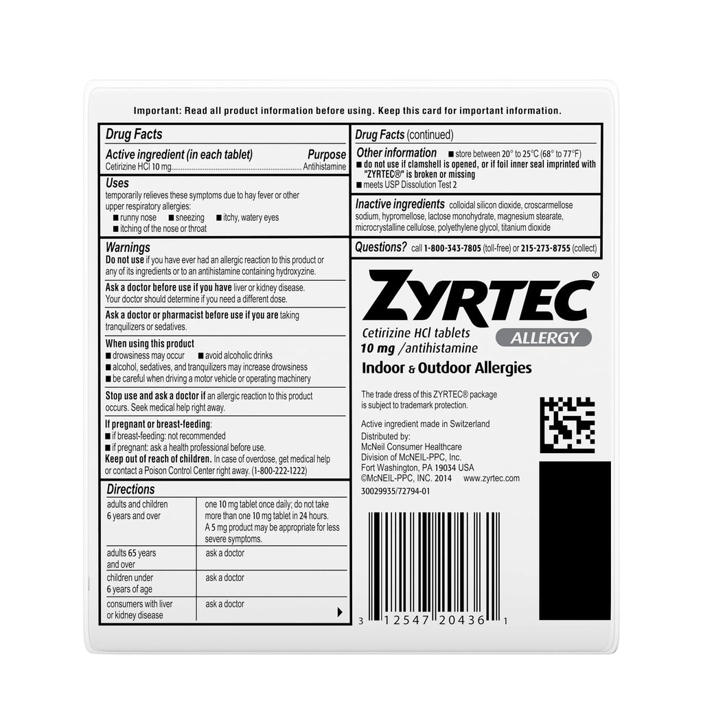 24 Hour Allergy Relief Tablets 10 mg Cetirizine HCl 30 Ct O491700