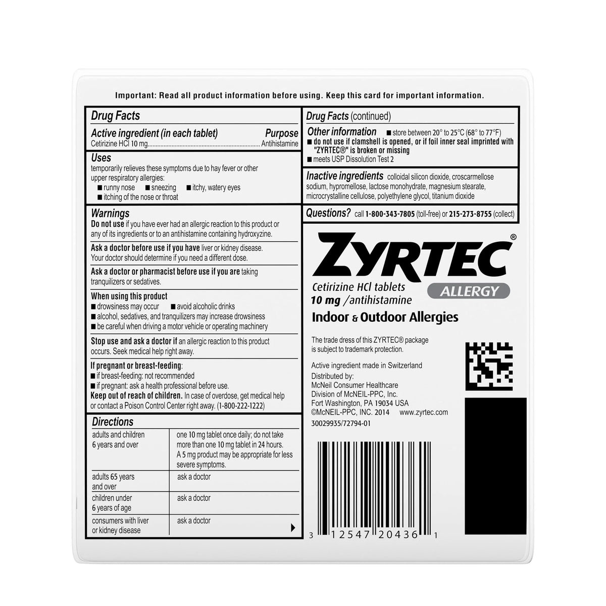 24 Hour Allergy Relief Tablets 10 mg Cetirizine HCl 30 Ct O491700