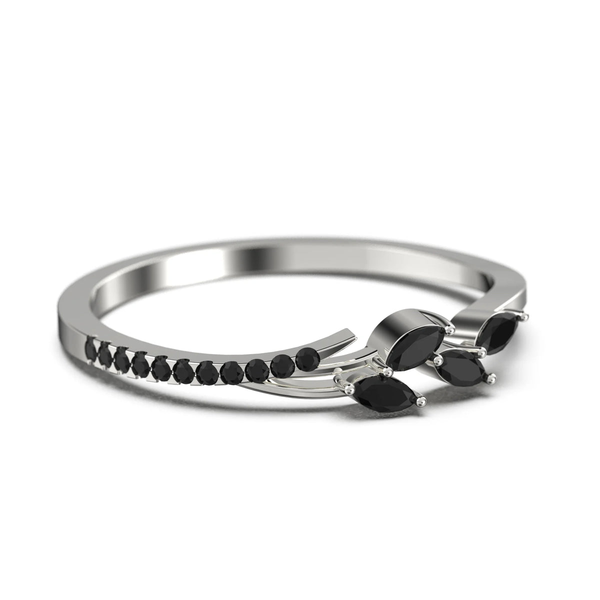 18K White Gold Over Silver Marquise Cut Black Diamond Moissanite Wedding Band C1228
