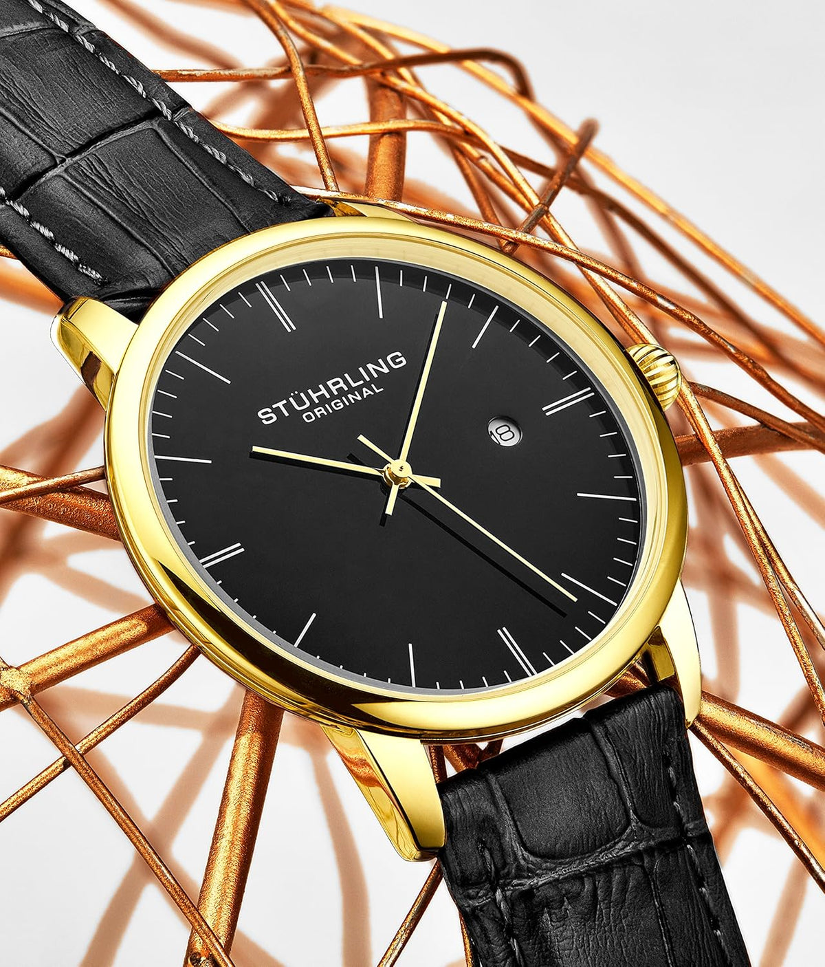 Black Gold Calfskin Leather Strap Analog Watch with Date O95387