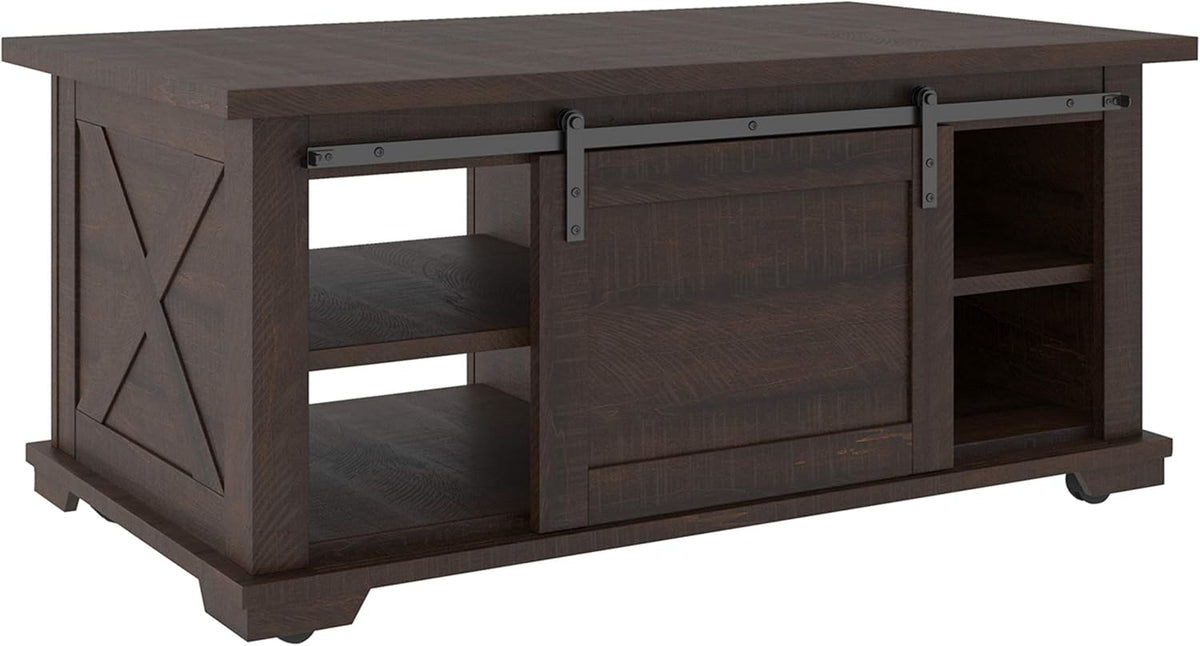 Farmhouse Rectangular Coffee Table with Sliding Barn Doors, Dark Brown V245741