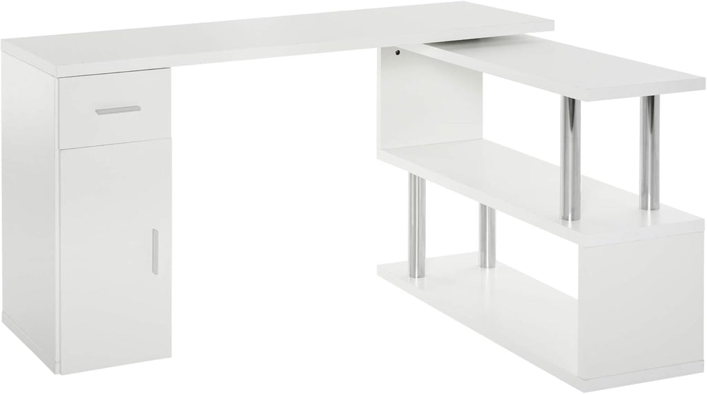 White L-Shaped Rotating Computer Desk with Storage Shelves, Cabinet and Drawer H18781