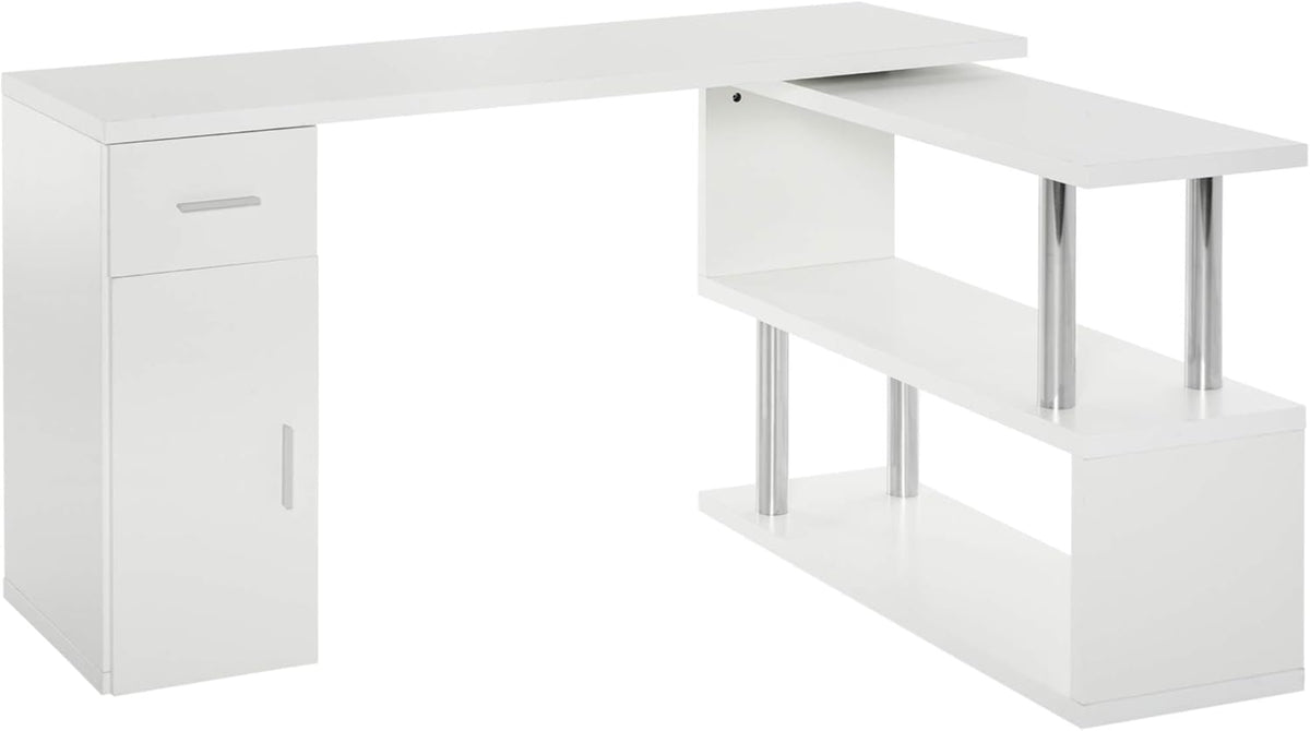 White L-Shaped Rotating Computer Desk with Storage Shelves, Cabinet and Drawer H18781