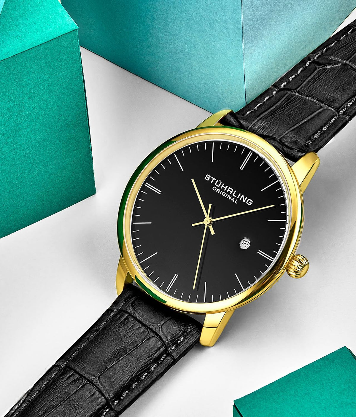 Black Gold Calfskin Leather Strap Analog Watch with Date O95387