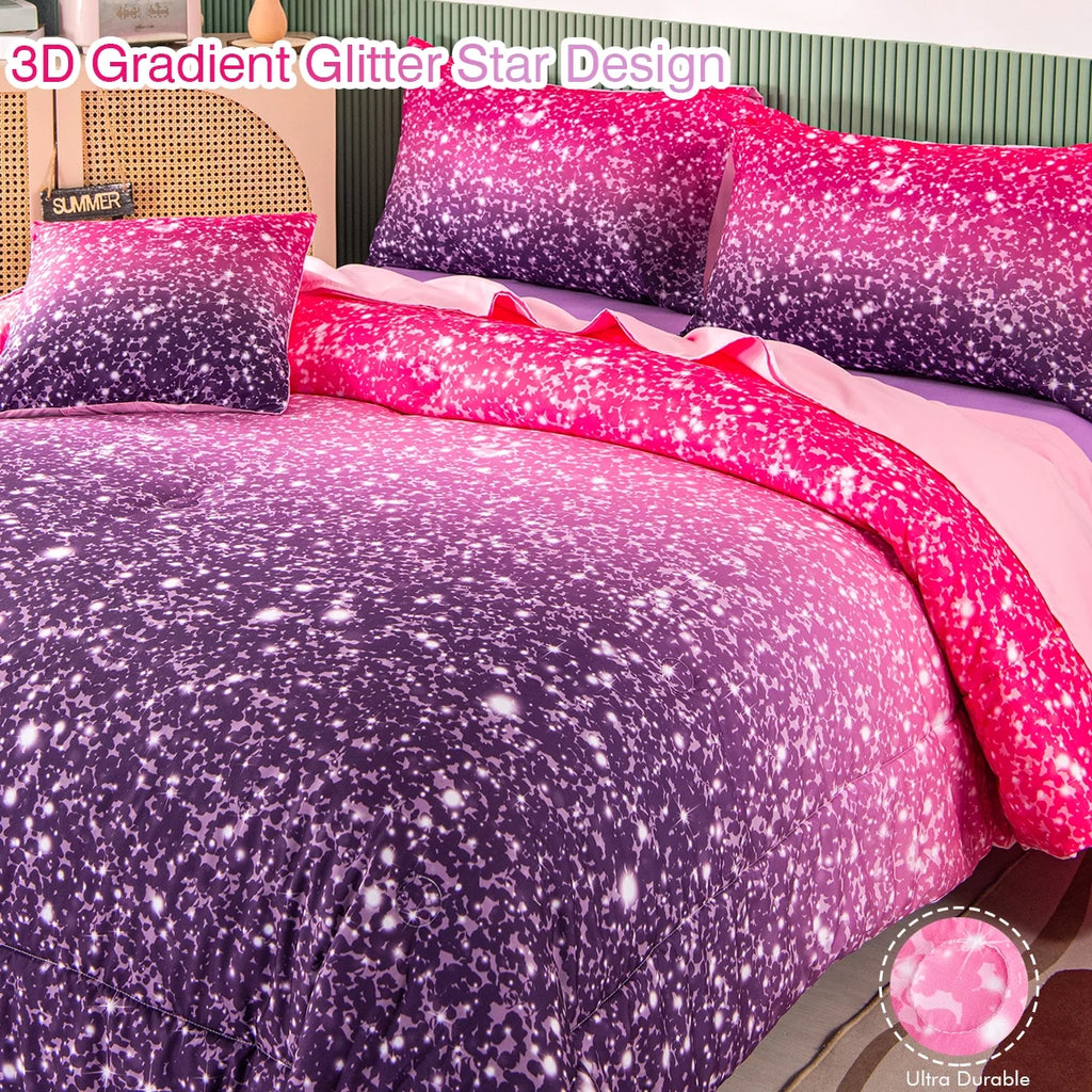 6Pcs Twin Gradient Pink Purple Glitter Comforter Sets O945