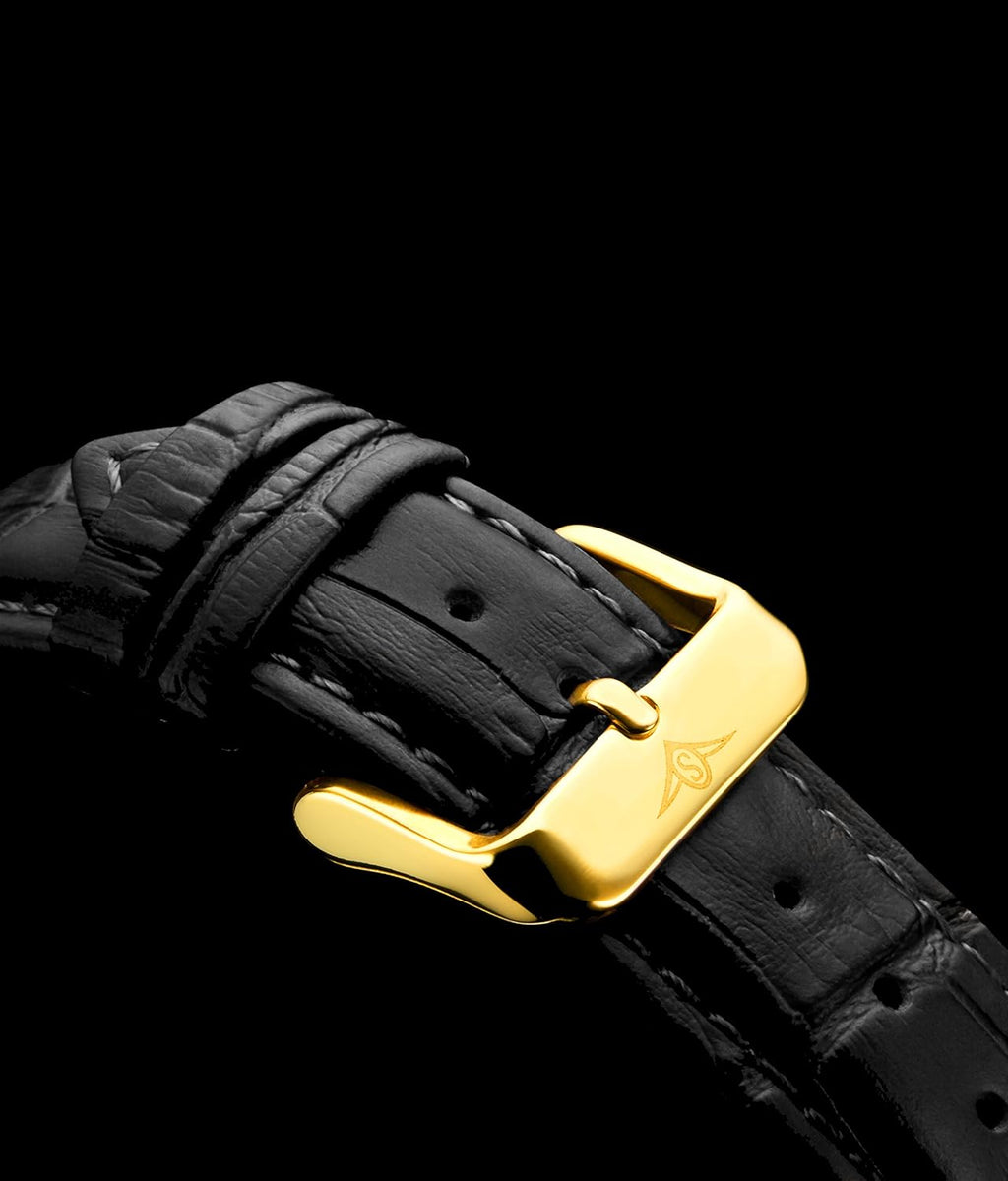 Black Gold Calfskin Leather Strap Analog Watch with Date O95387