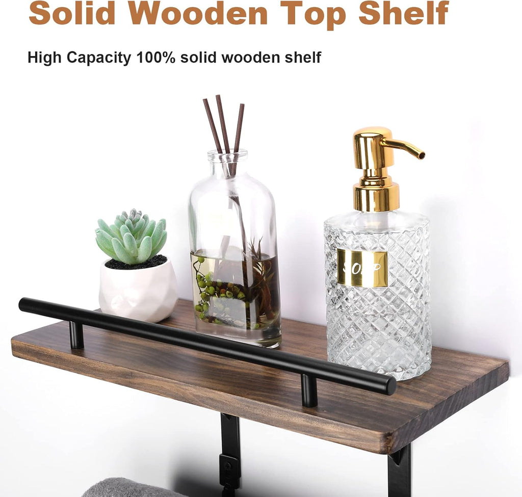 Metal Towel Rack with Wooden Shelf and 3 Hooks E698