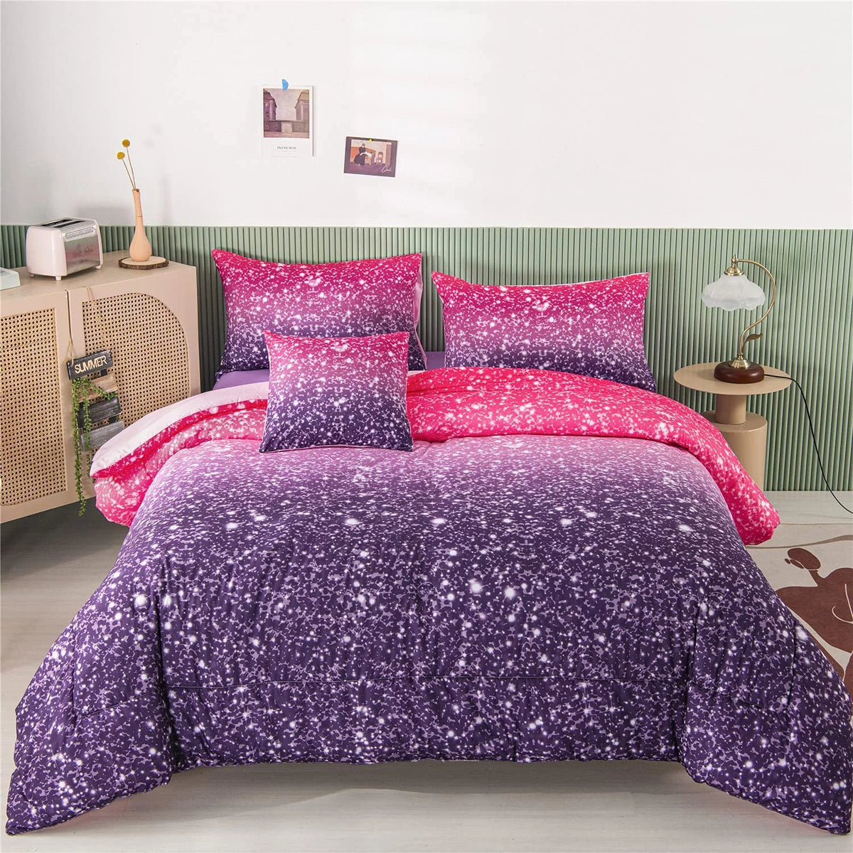 6Pcs Twin Gradient Pink Purple Glitter Comforter Sets O945