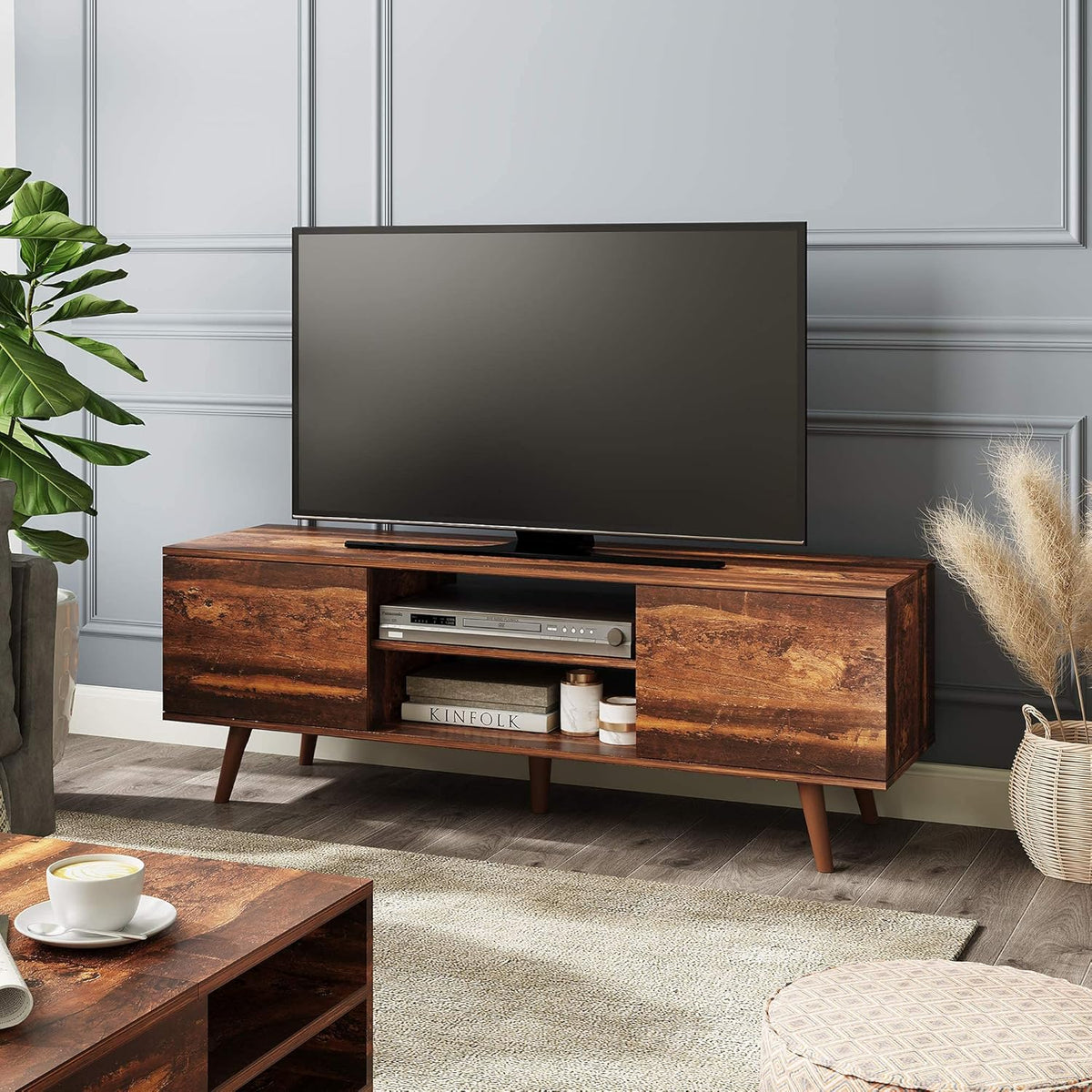 Black TV Stand with Storage Cabinet and Open Shelves U52388