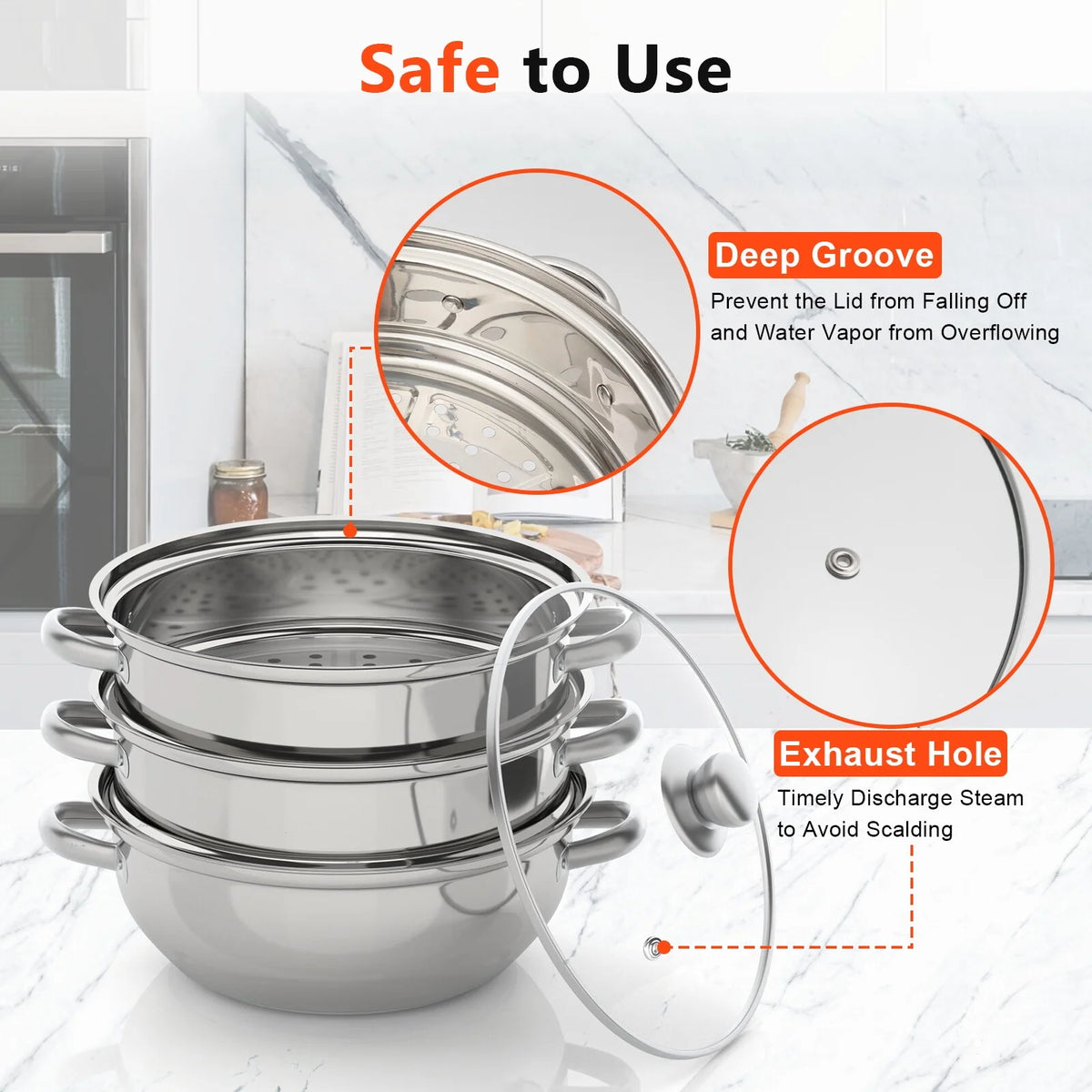 3 Tiers Stainless Steel Steaming Pot with Glass Lid Q496755